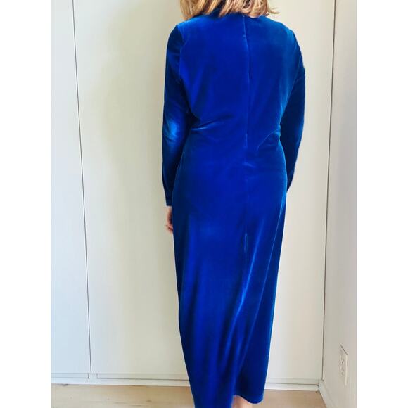 Vintage 90s Velvet Maxi Dress Womens Size Large Fitted Blue Velvet Long Sleeve - Picture 6 of 8